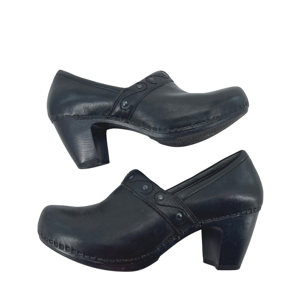 Dansko Black Leather Heeled Clogs Rivet Detail Block Heel Size 40